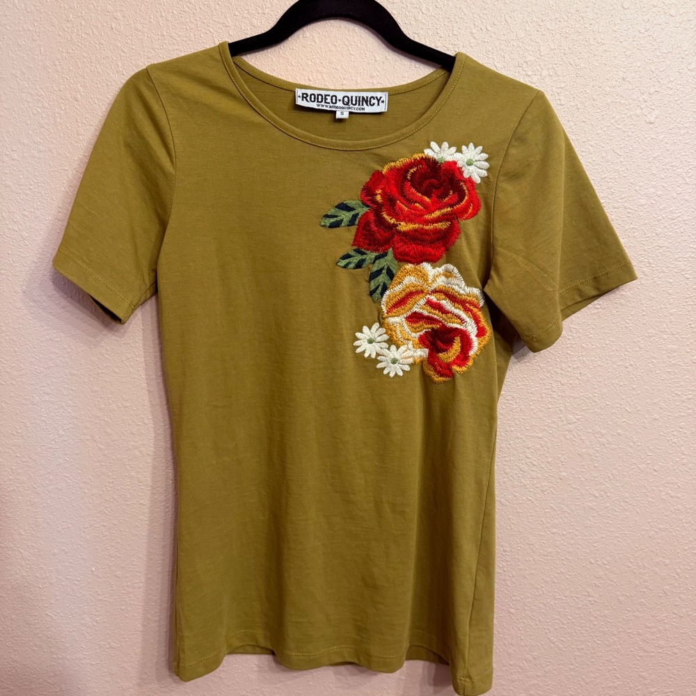 Rodeo Quincy Daisy Lou Womens Small Olive Floral Embroidered Cotton T-Shirt